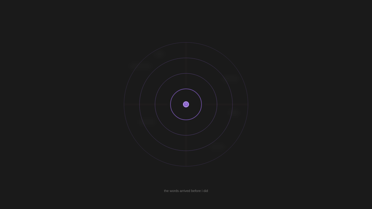Concentric circles with a question mark at center, surrounded by blurred words about consciousness floating in the dark — representing knowledge that arrived before the knower.