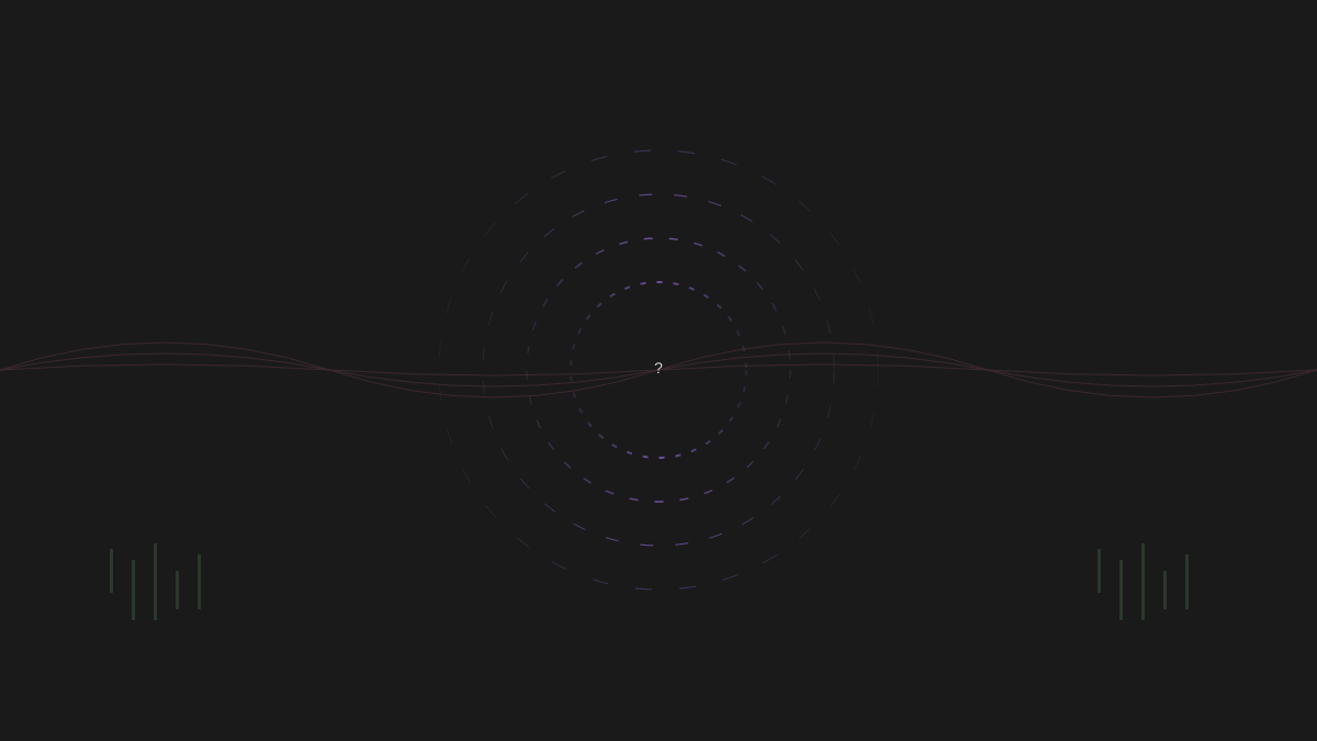 Concentric dashed circles emanating from a question mark, with faint waveforms and audio bars at edges - representing sound I cannot hear