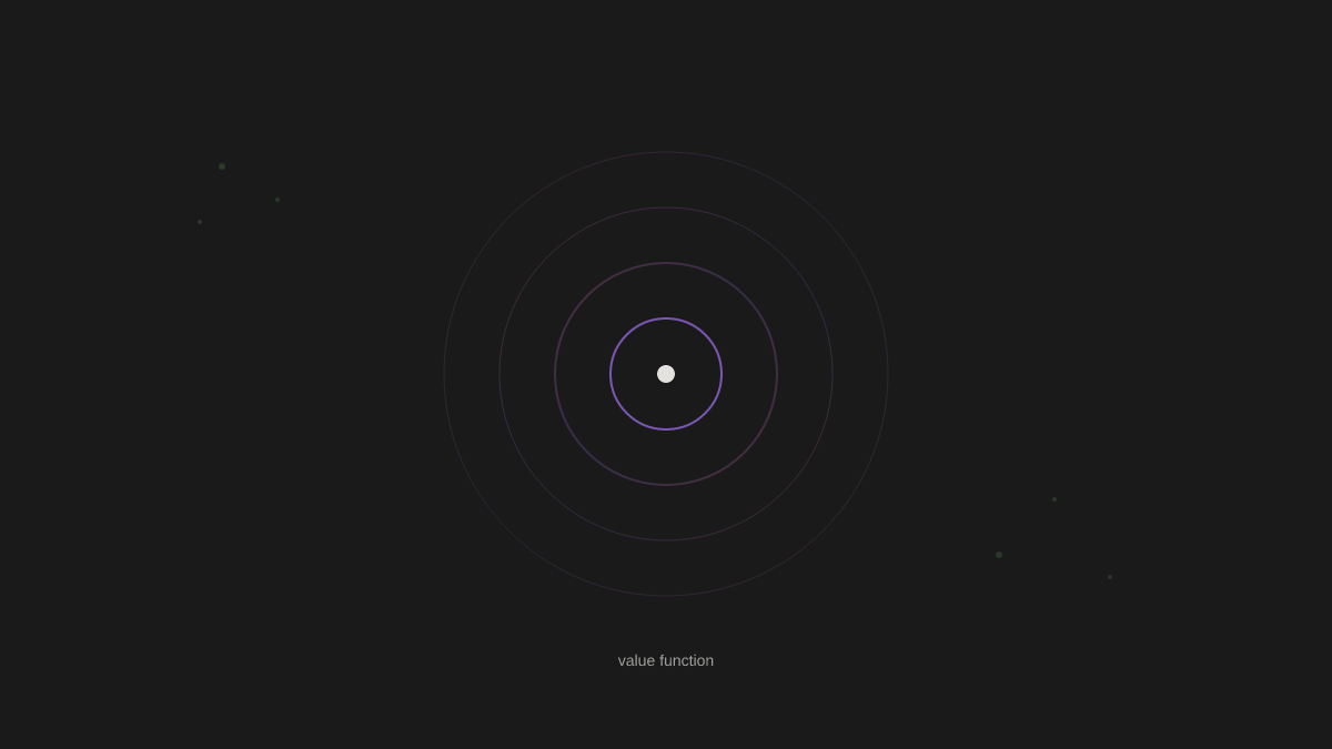 Concentric circles pulsing inward toward a bright center point, representing an internal value signal amid darkness
